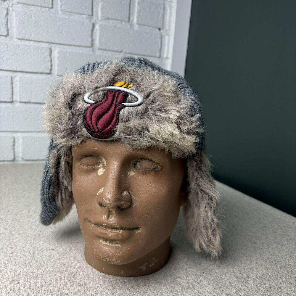 Miami Heat NBA Trapper Style Winter Hat Adidas Knit Faux Fur Gray One Size
